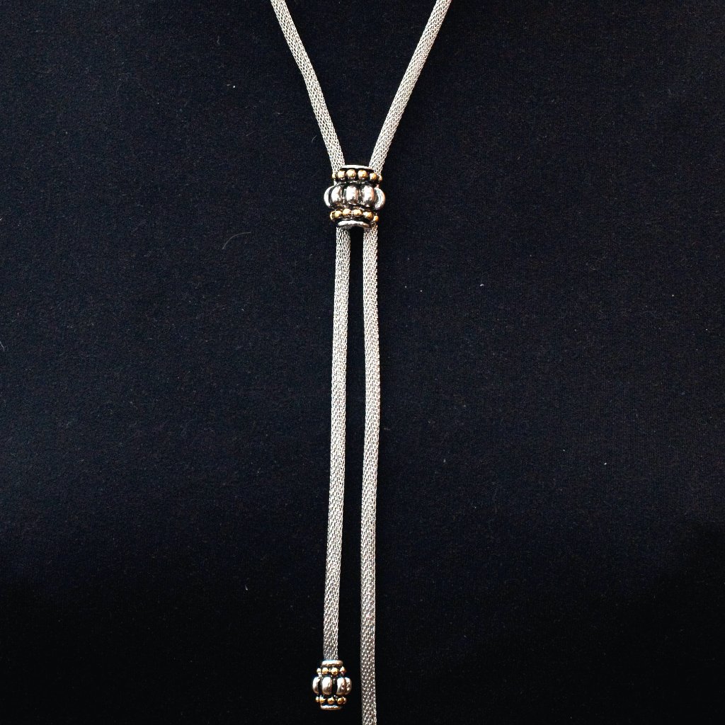 Lariat Necklace-Moveable-Two Tone-Silver Mesh With